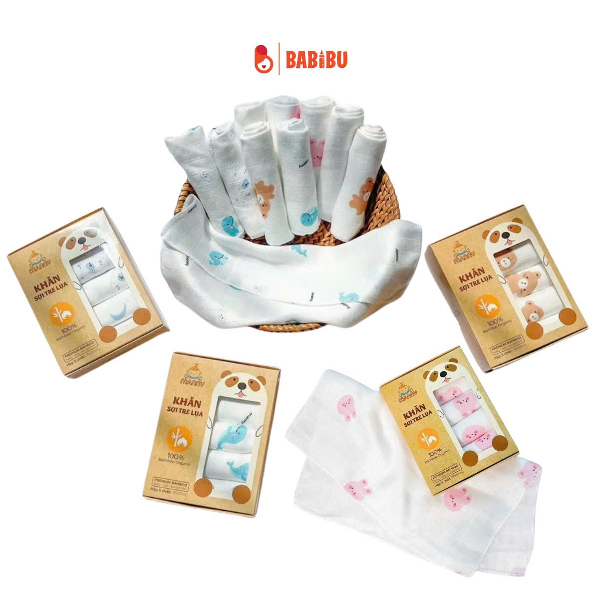 Manny set 5 khăn hộp 100% tre